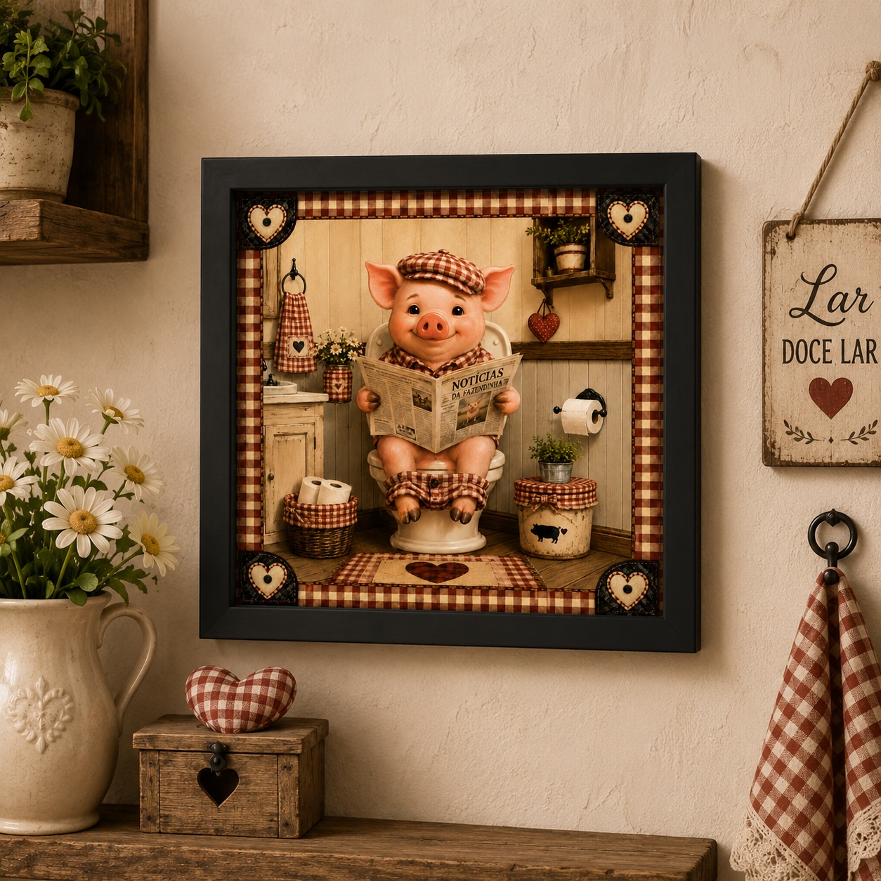 Quadro Country Porquinho No Banheiro - 33x33 Cm