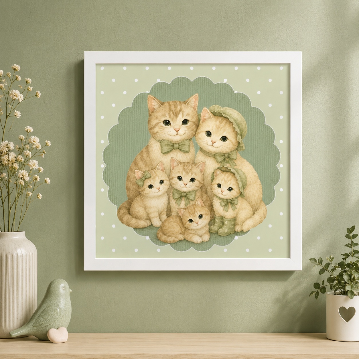Quadro Família de Gatinhos Vintage - 33x33 Cm
