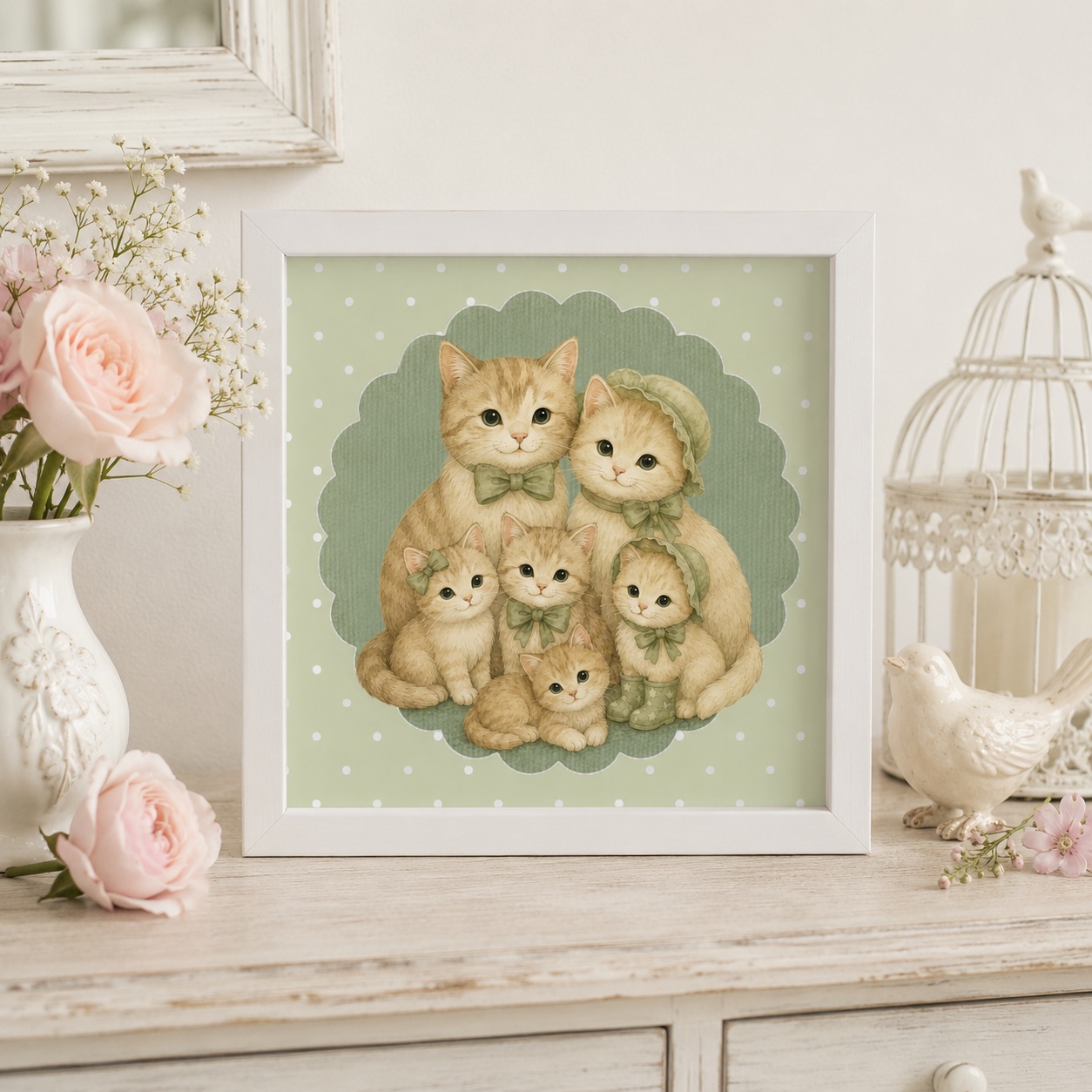 Quadro Família de Gatinhos Vintage - 33x33 Cm