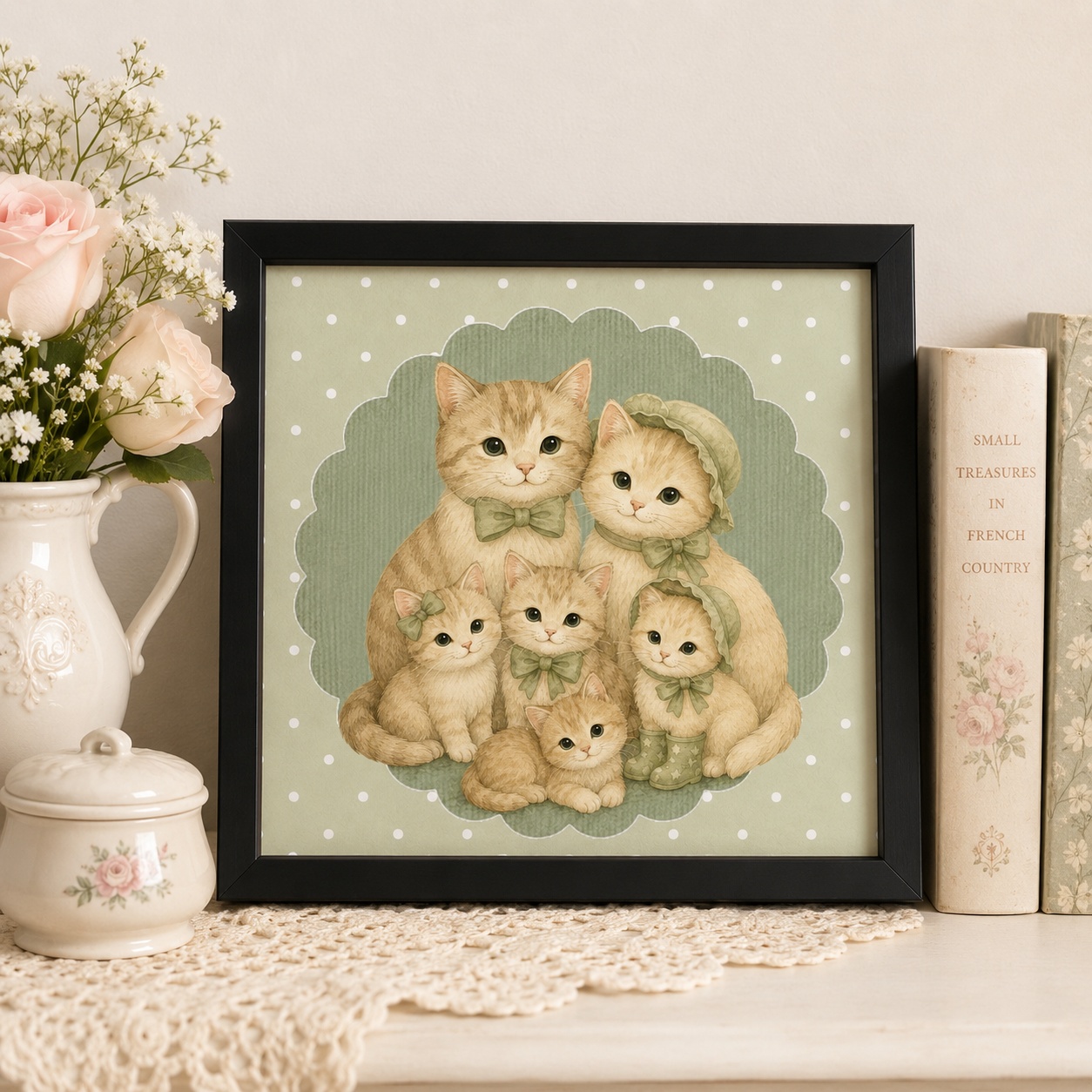 Quadro Família de Gatinhos Vintage - 33x33 Cm