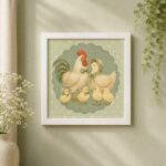 Quadro Galo Galinha e Pintinhos - 33x33 Cm