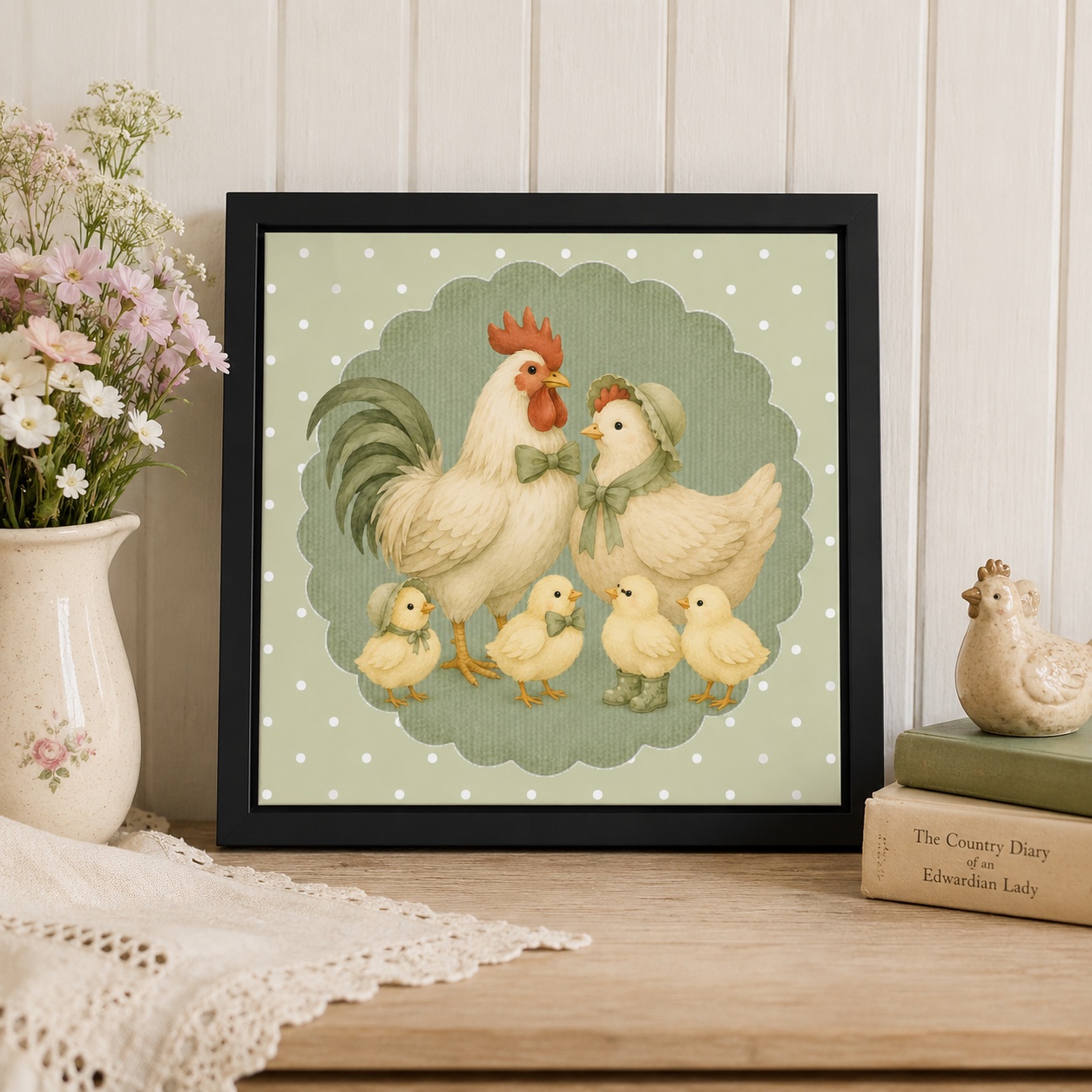 Quadro Galo Galinha e Pintinhos - 33x33 Cm