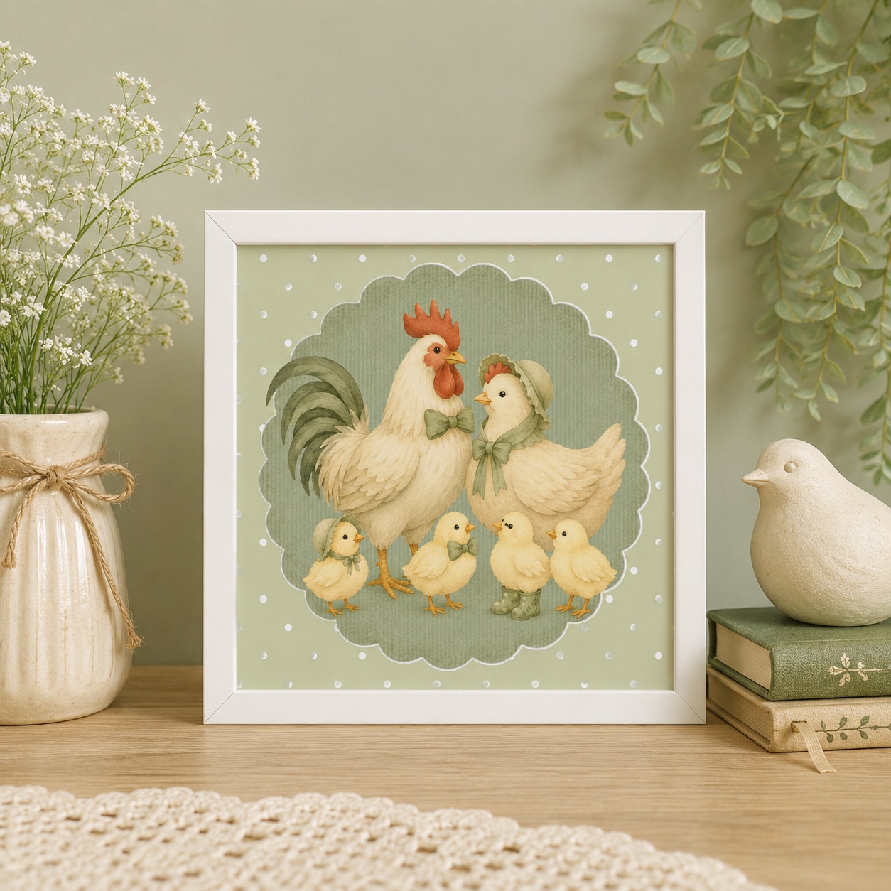 Quadro Galo Galinha e Pintinhos - 33x33 Cm
