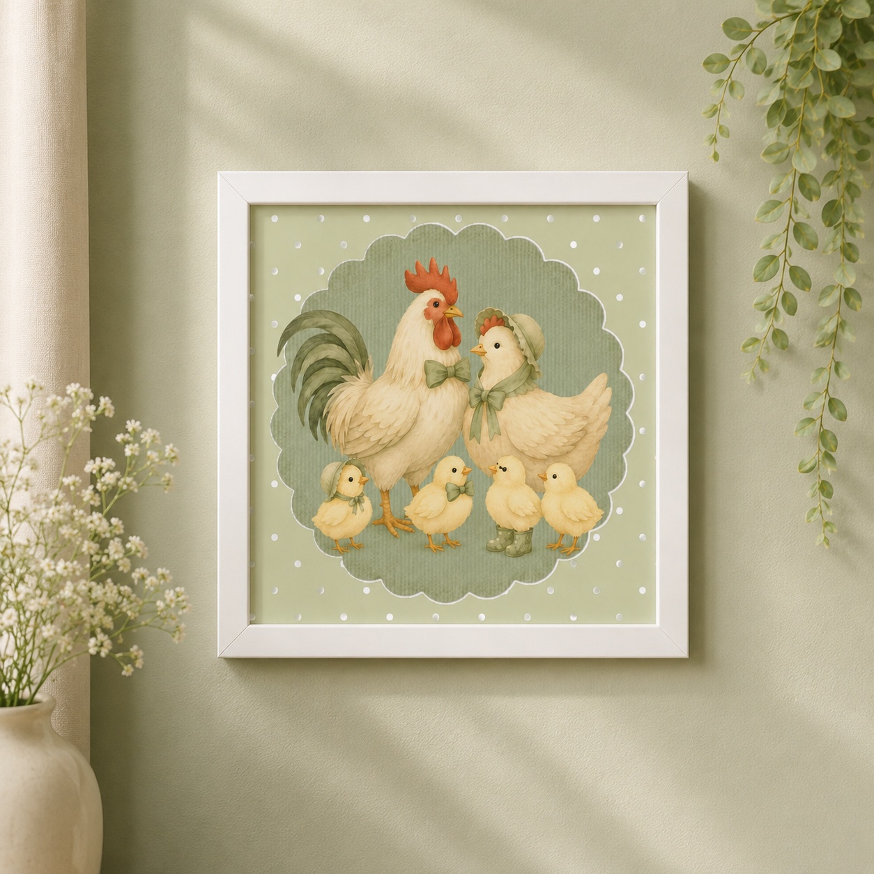 Quadro Galo Galinha e Pintinhos - 33x33 Cm