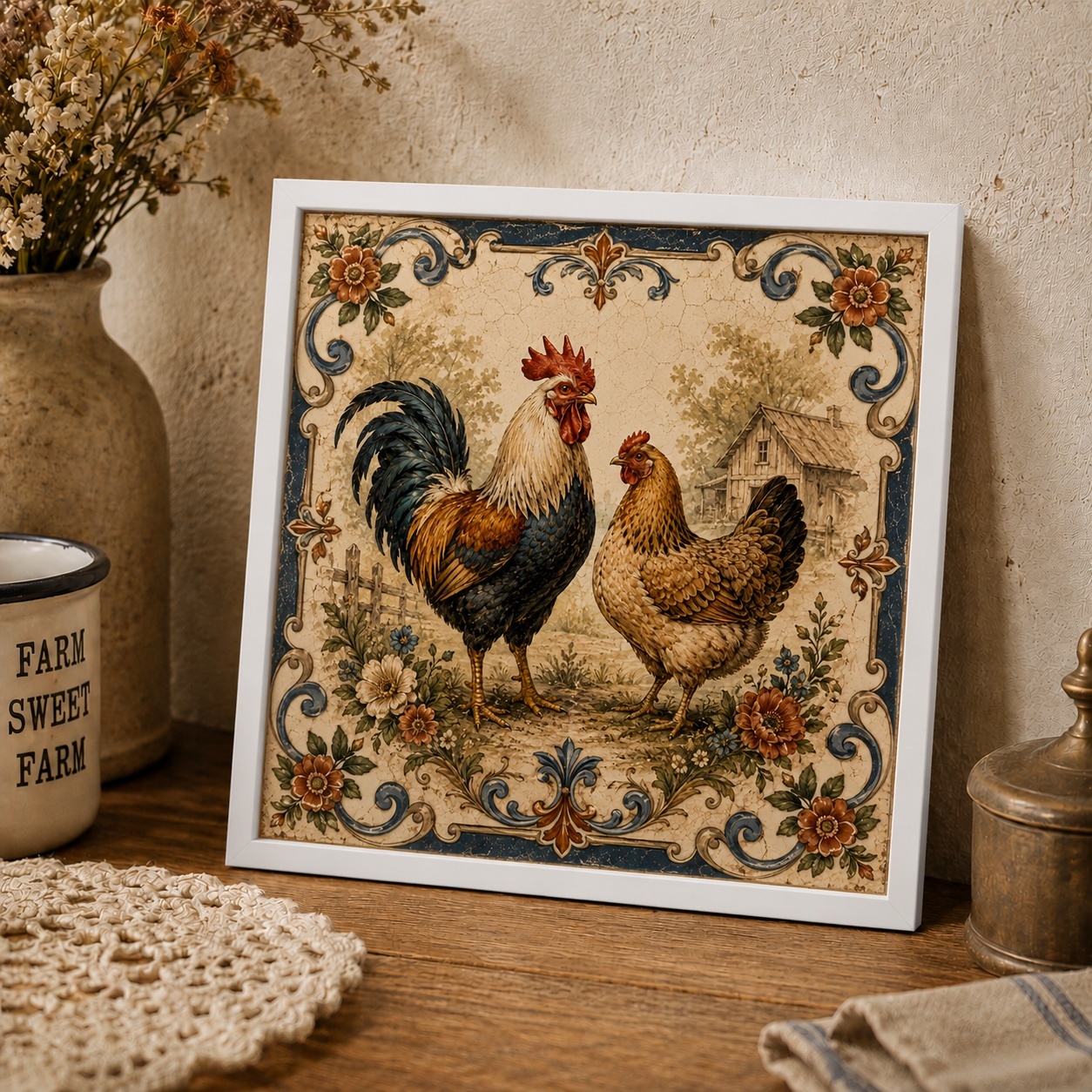 Quadro Galo e Galinha Vintage - 33x33 Cm