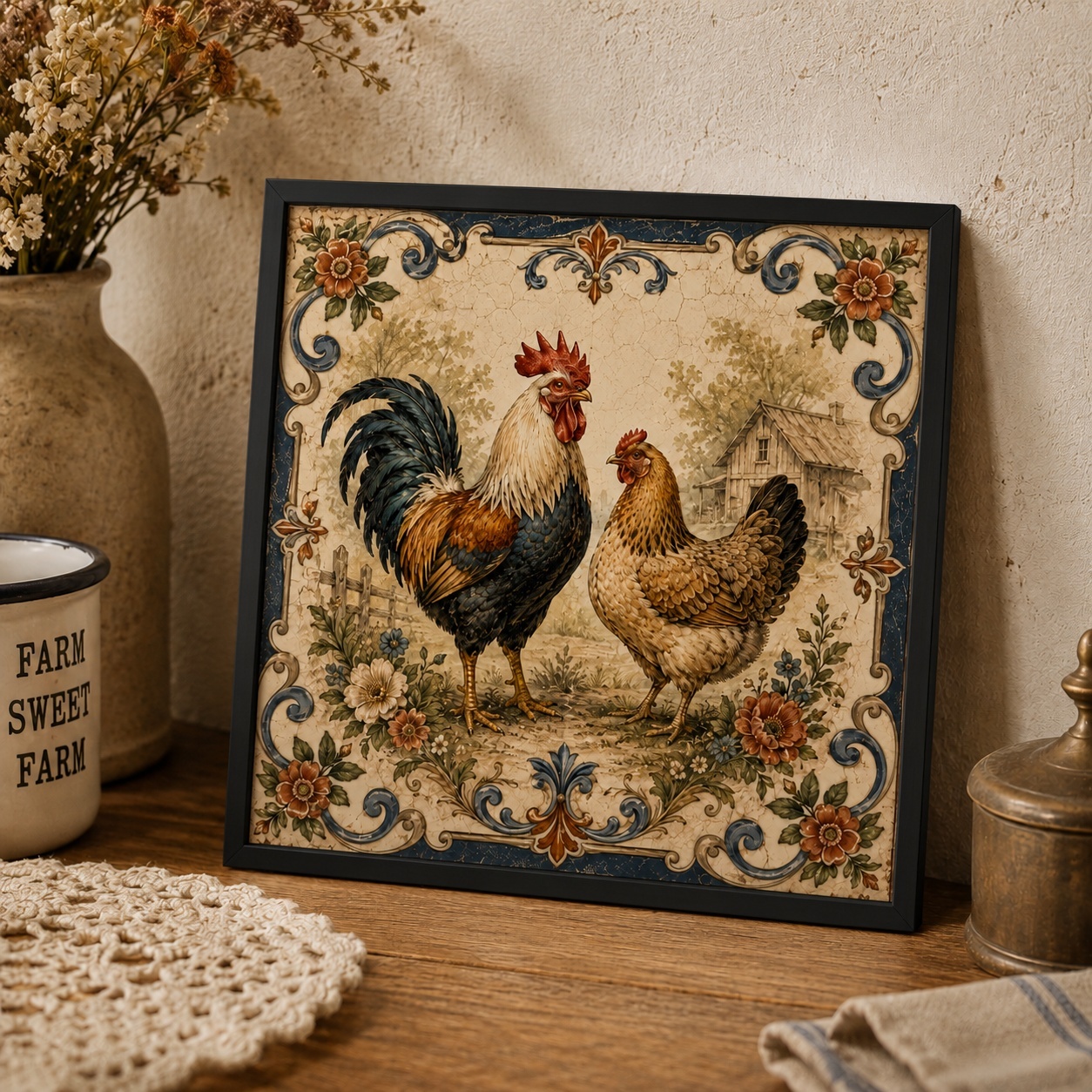Quadro Galo e Galinha Vintage - 33x33 Cm