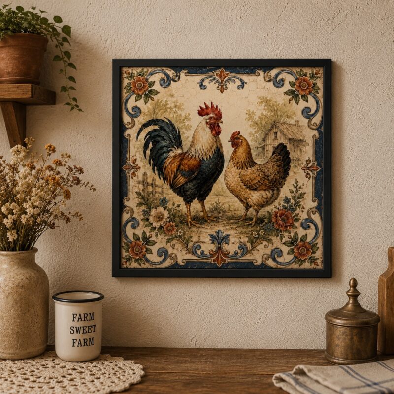 Quadro Galo e Galinha Vintage - 33x33 Cm