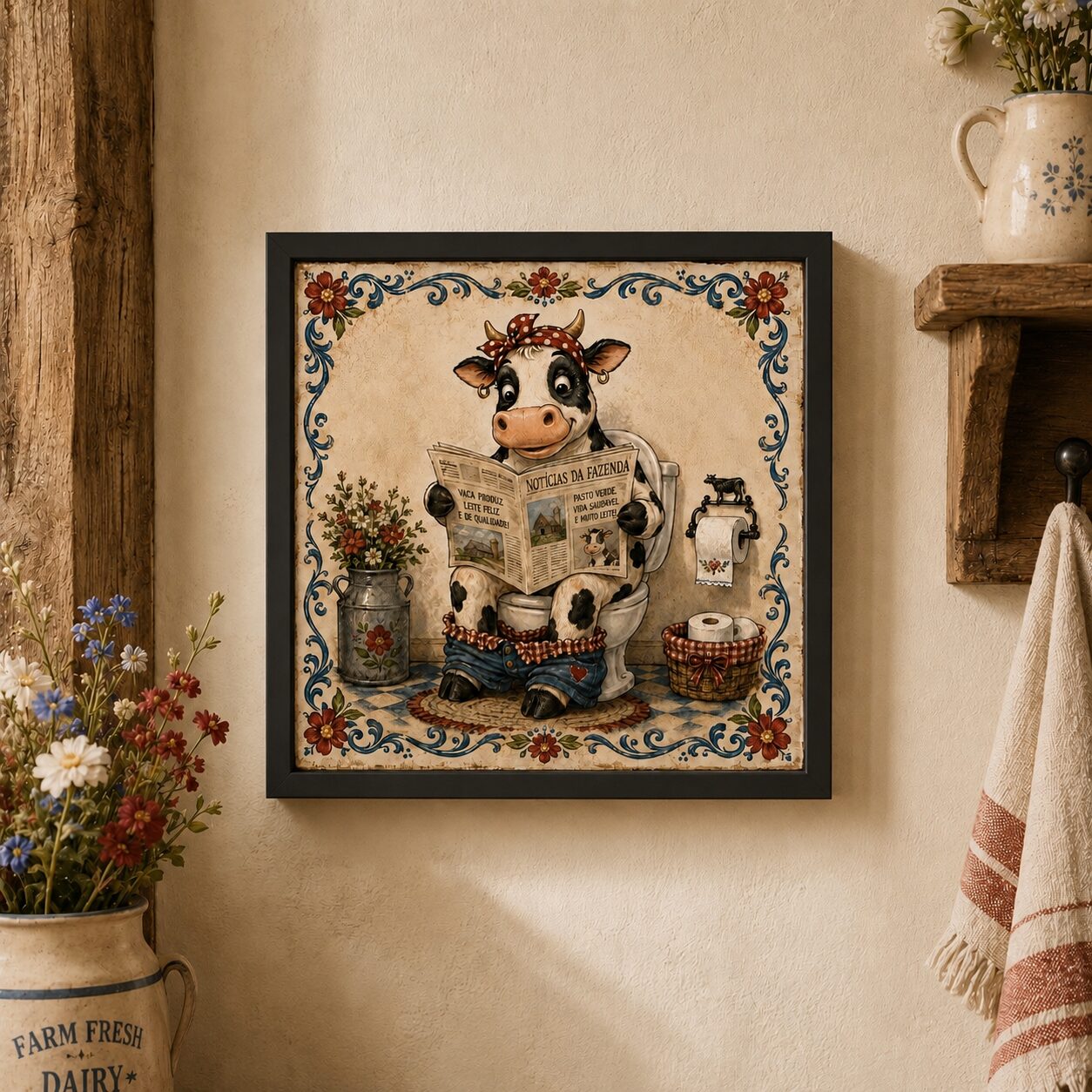 Quadro Vaquinha No Banheiro - 33x33 Cm