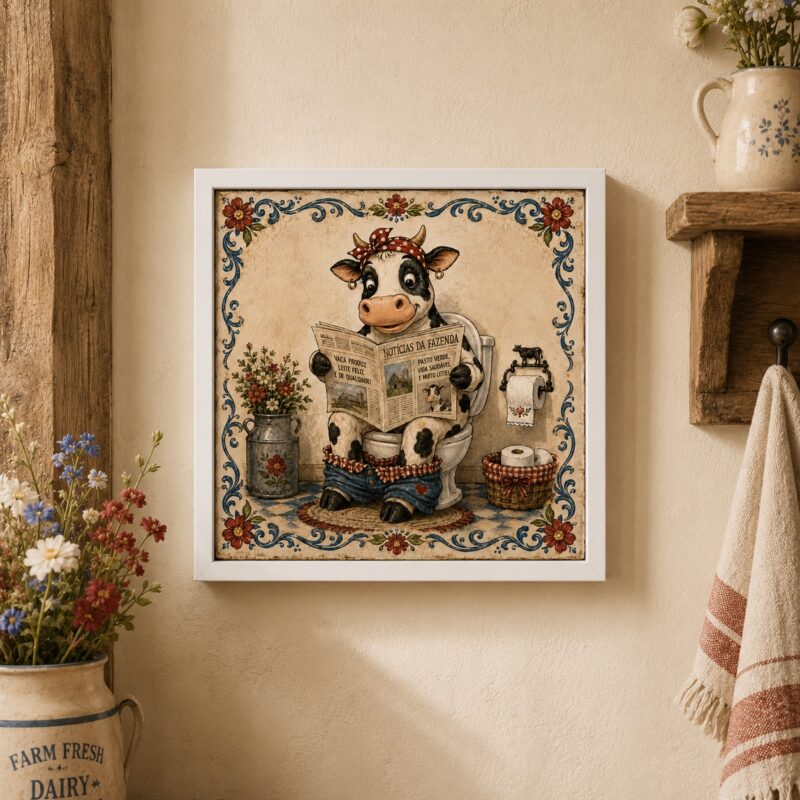 Quadro Vaquinha No Banheiro - 33x33 Cm
