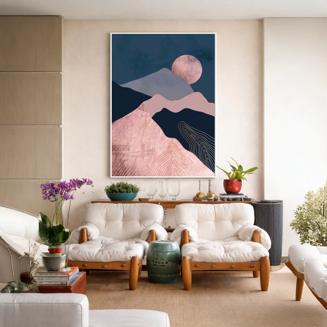 Quadro Canvas Azul Bege Abstrato Montanhas
