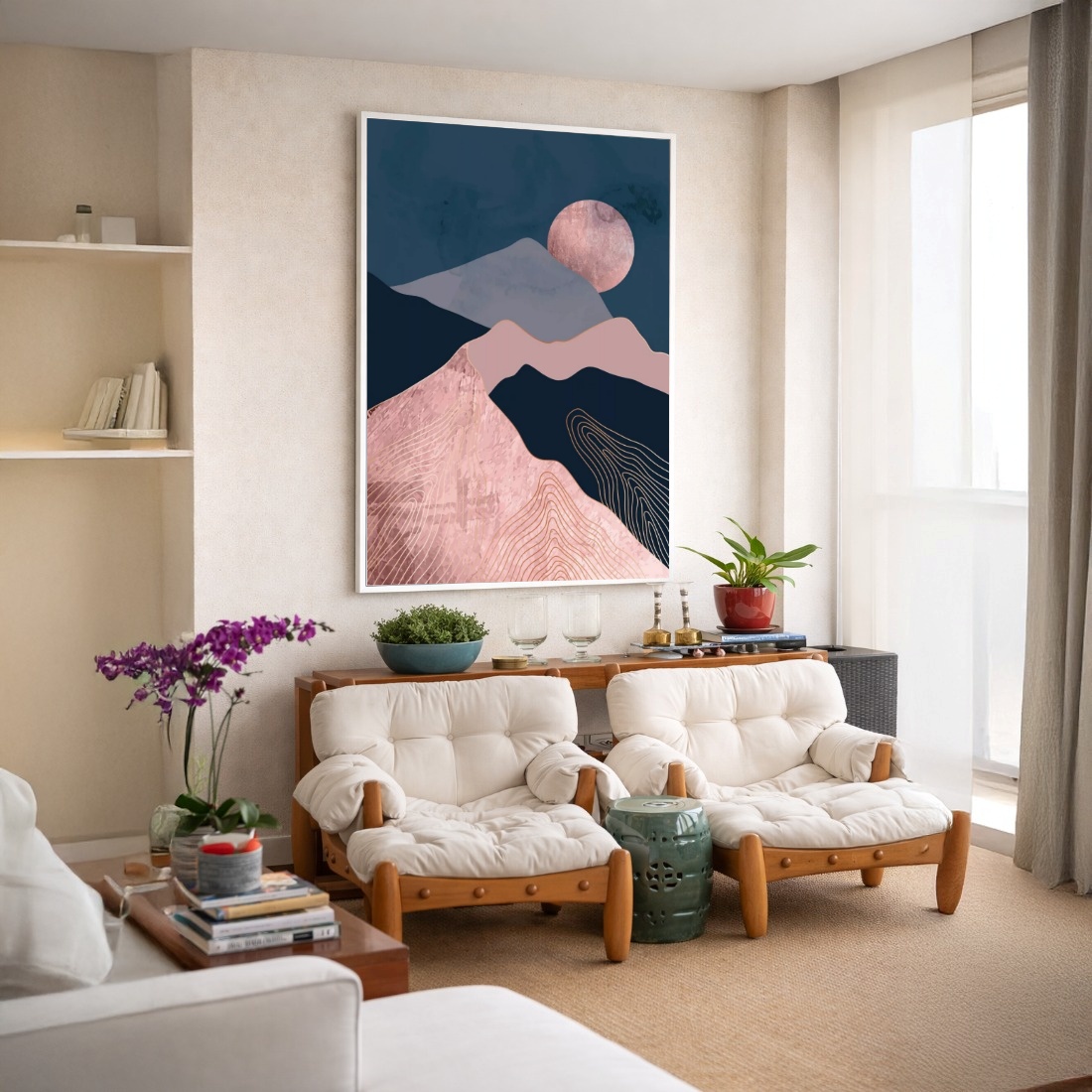 Quadro Canvas Azul Bege Abstrato Montanhas