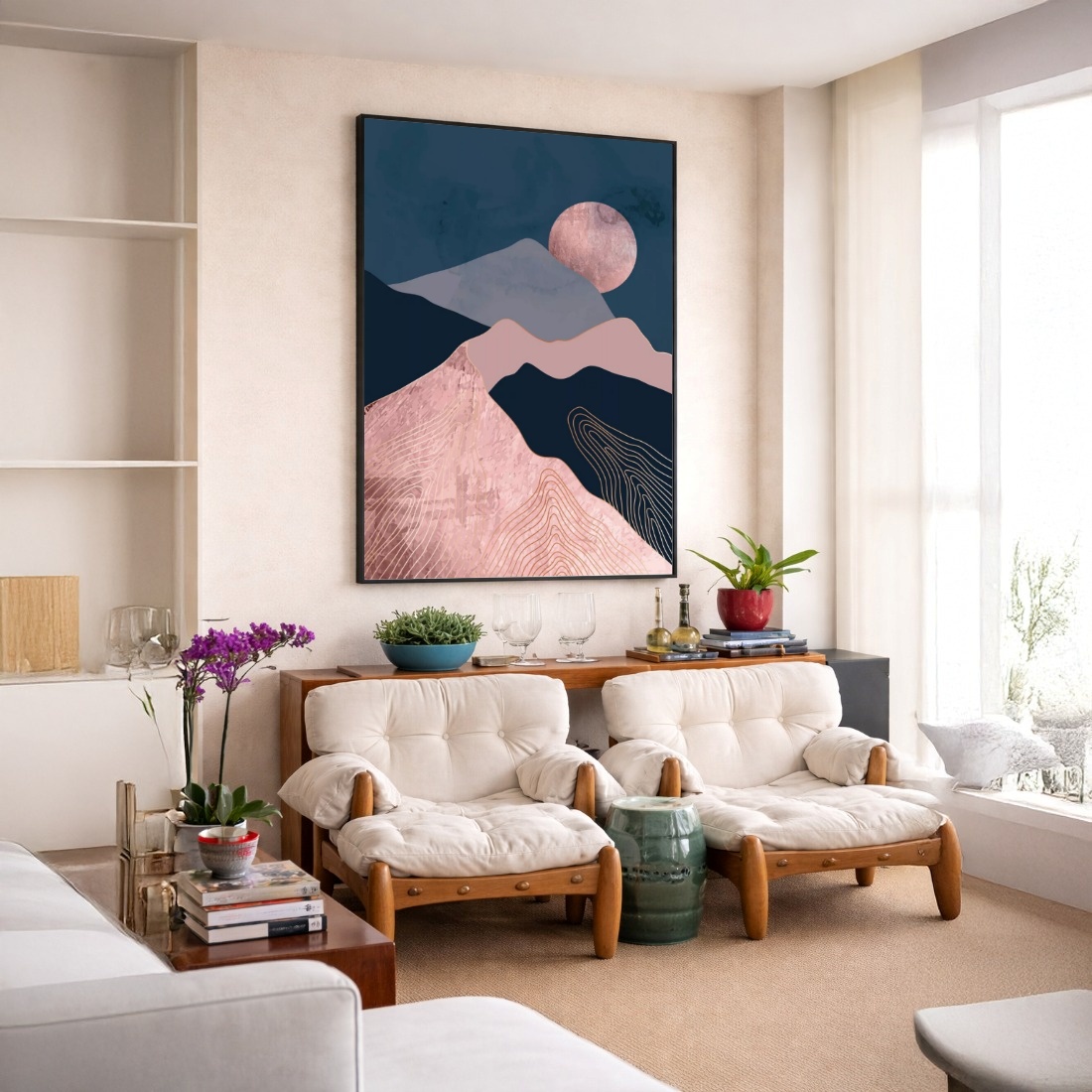 Quadro Canvas Azul Bege Abstrato Montanhas