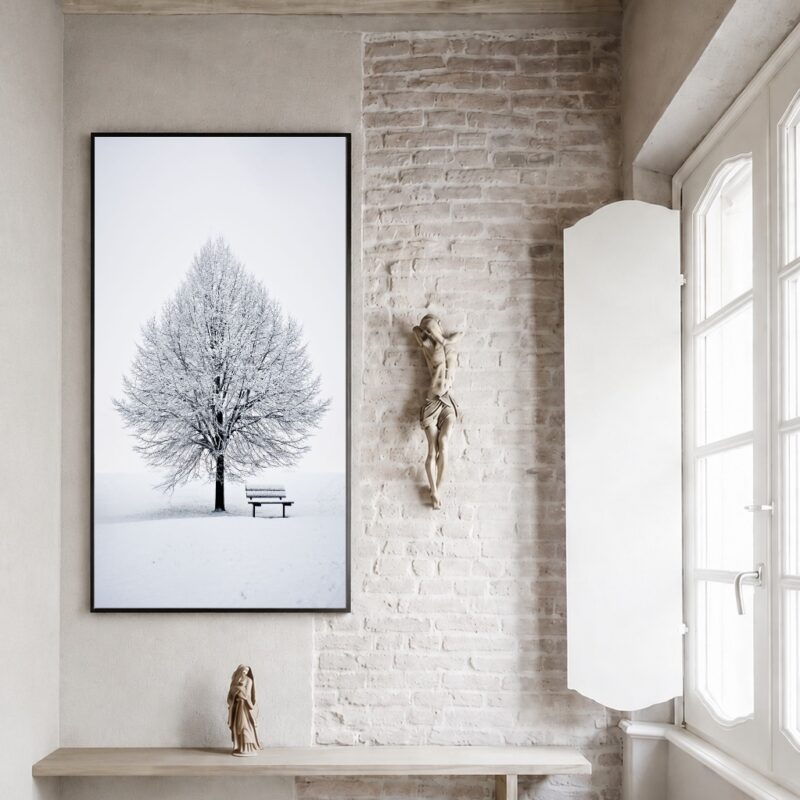 Quadro Canvas Branco Árvore Neve Solitário