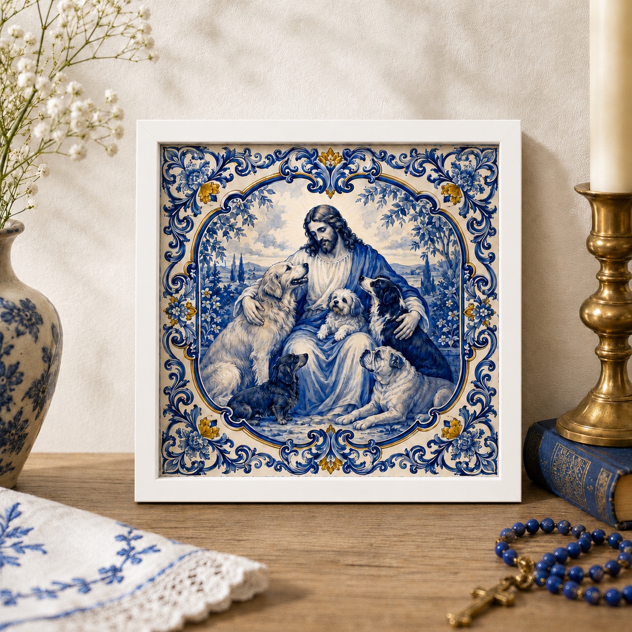 Quadro Jesus Com Cães - 33x33 Cm
