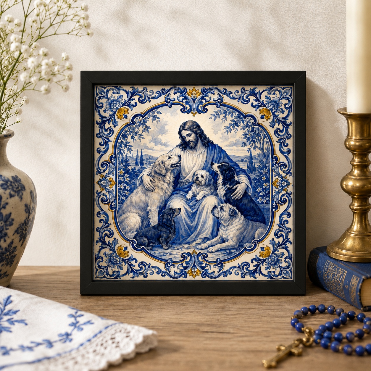 Quadro Jesus Com Cães - 33x33 Cm