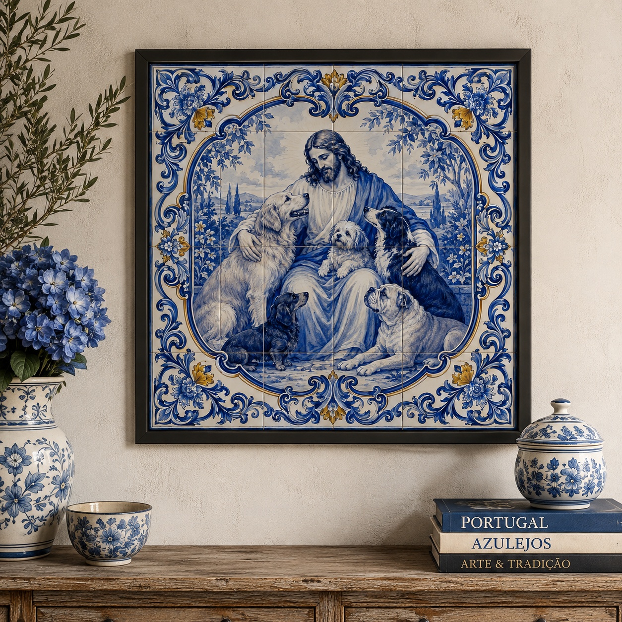 Quadro Jesus Com Cães - 33x33 Cm