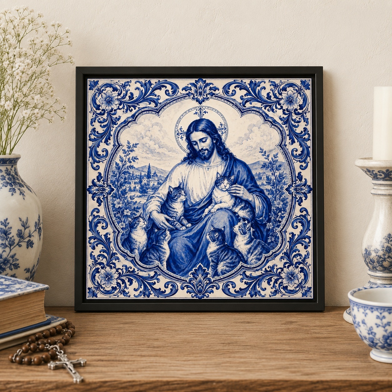 Quadro Jesus Com Gatos- 33x33 Cm