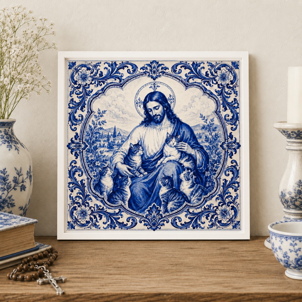 Quadro Jesus Com Gatos- 33x33 Cm