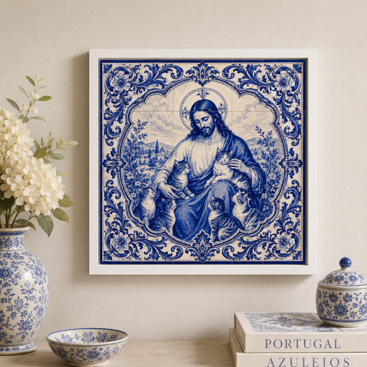 Quadro Jesus Com Gatos- 33x33 Cm