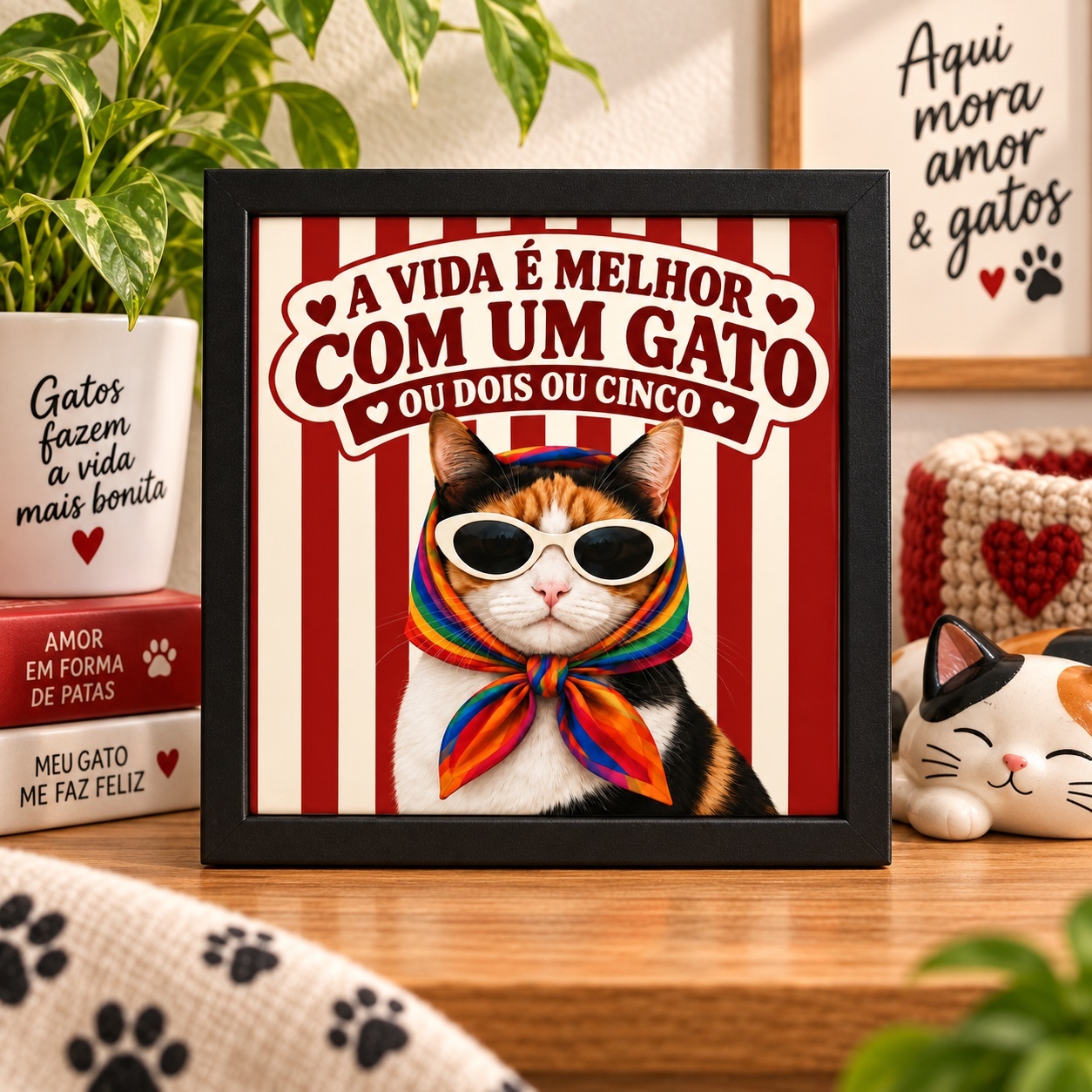 Quadro A Vida é Melhor com um Gato ou Dois - 33x33