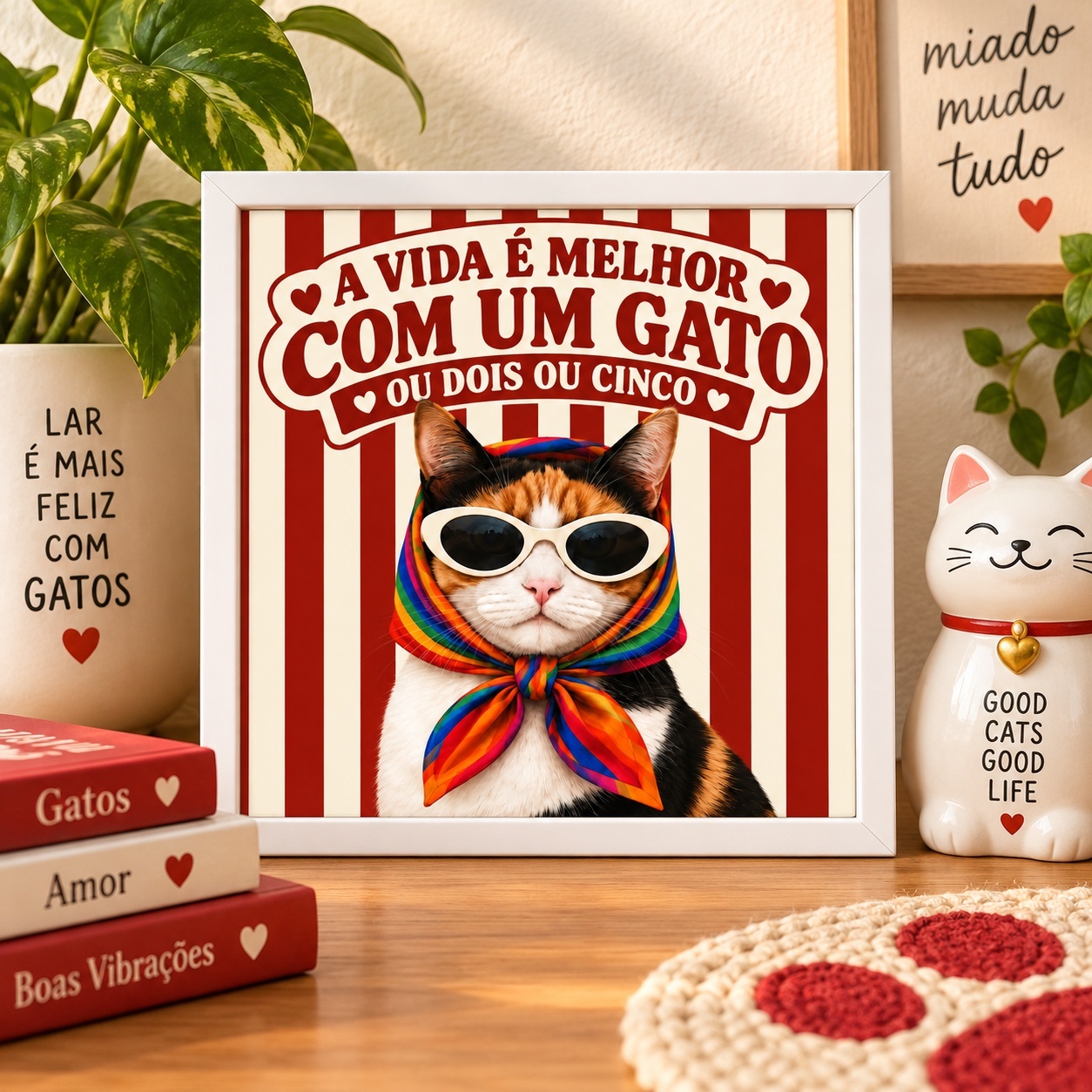 Quadro A Vida é Melhor com um Gato ou Dois - 33x33