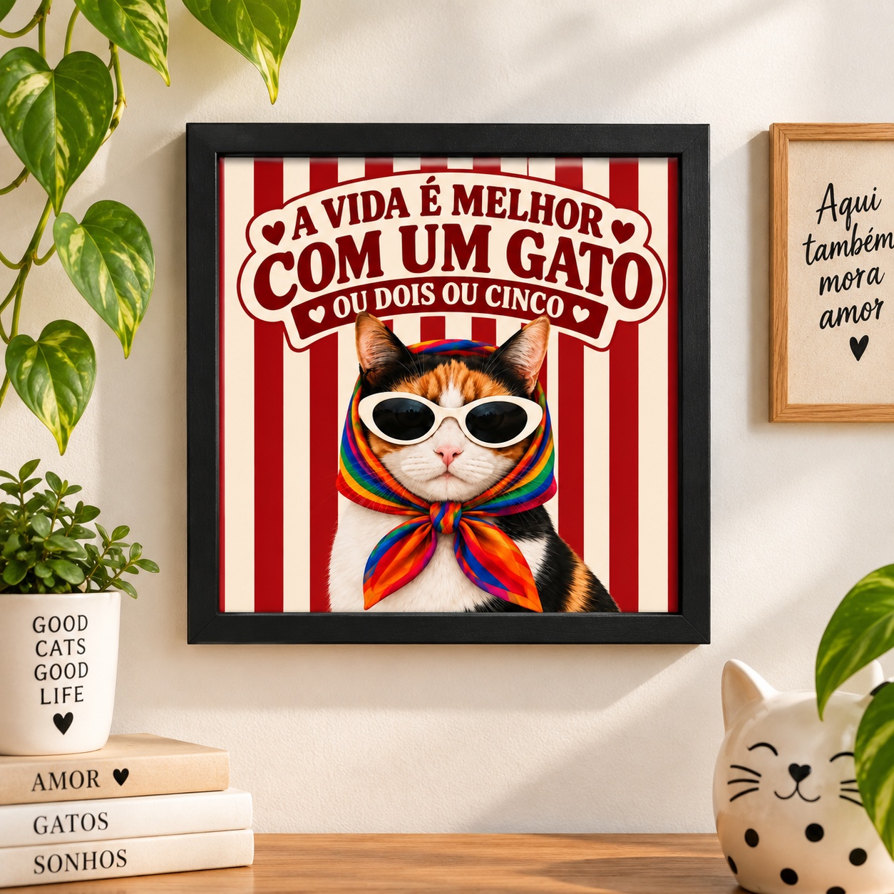 Quadro A Vida é Melhor com um Gato ou Dois - 33x33
