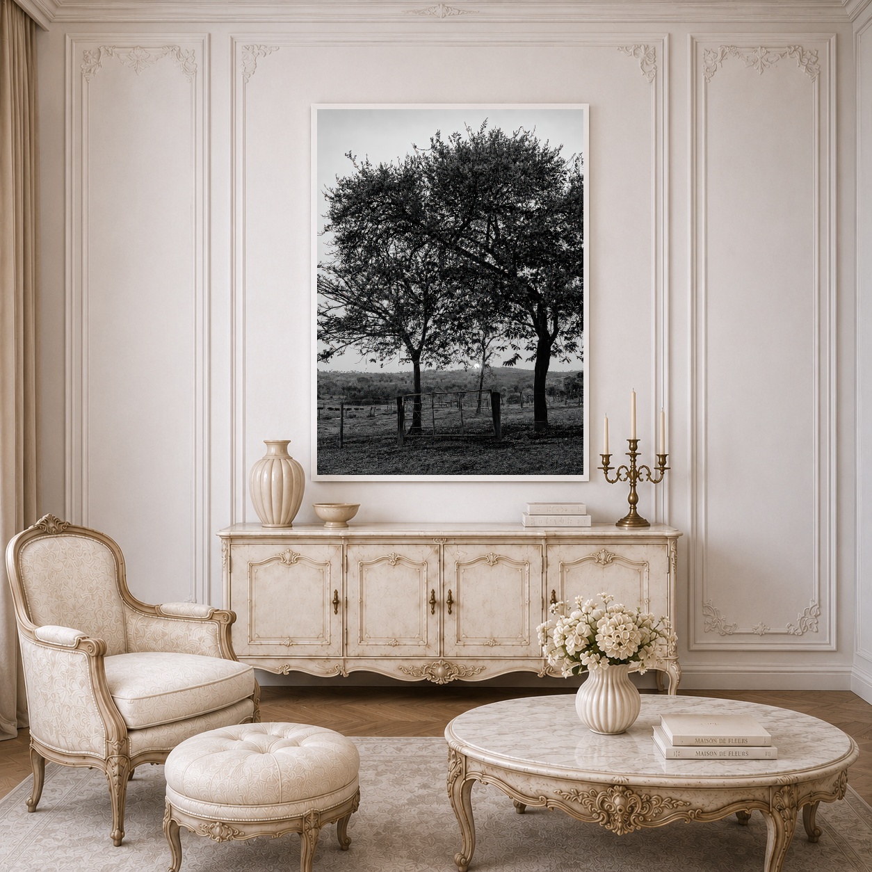 Quadro Canvas Árvores Campo Preto e Branco
