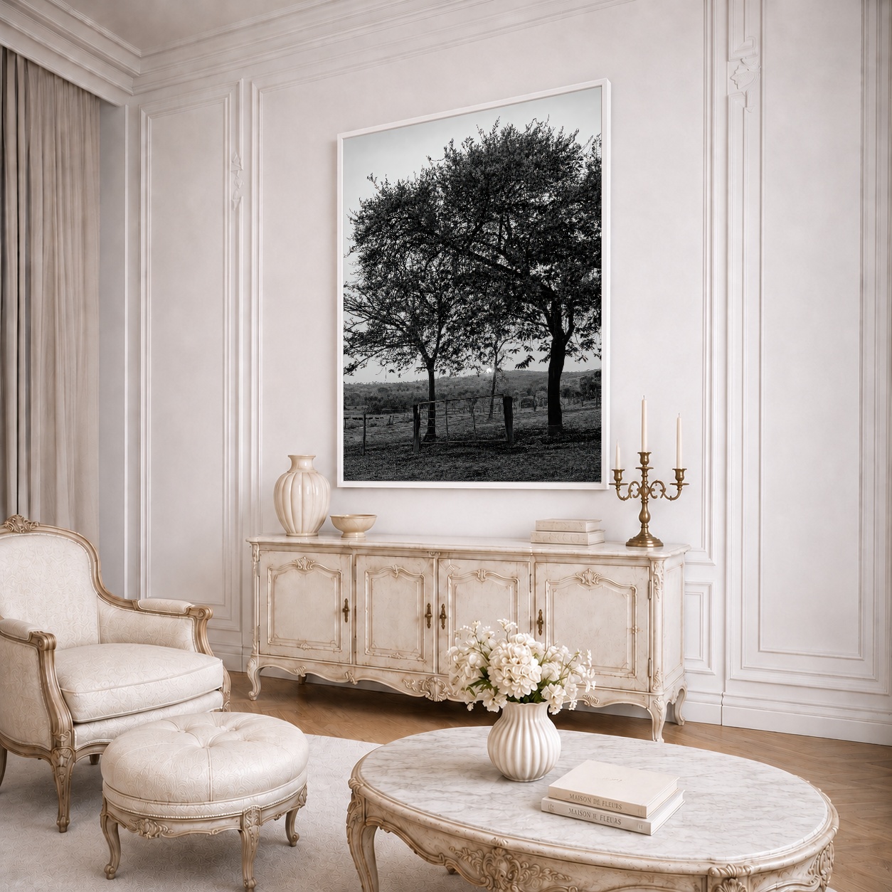 Quadro Canvas Árvores Campo Preto e Branco
