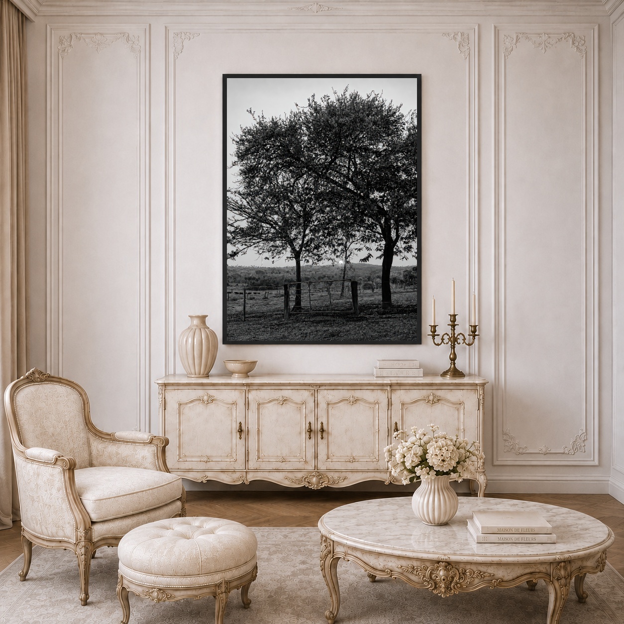 Quadro Canvas Árvores Campo Preto e Branco