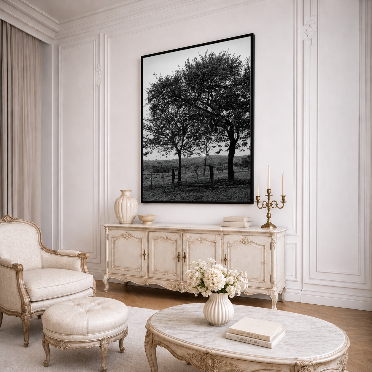 Quadro Canvas Árvores Campo Preto e Branco