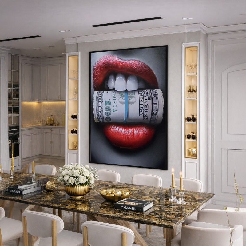 Quadro Canvas Boca Mulher Dólar Glamour