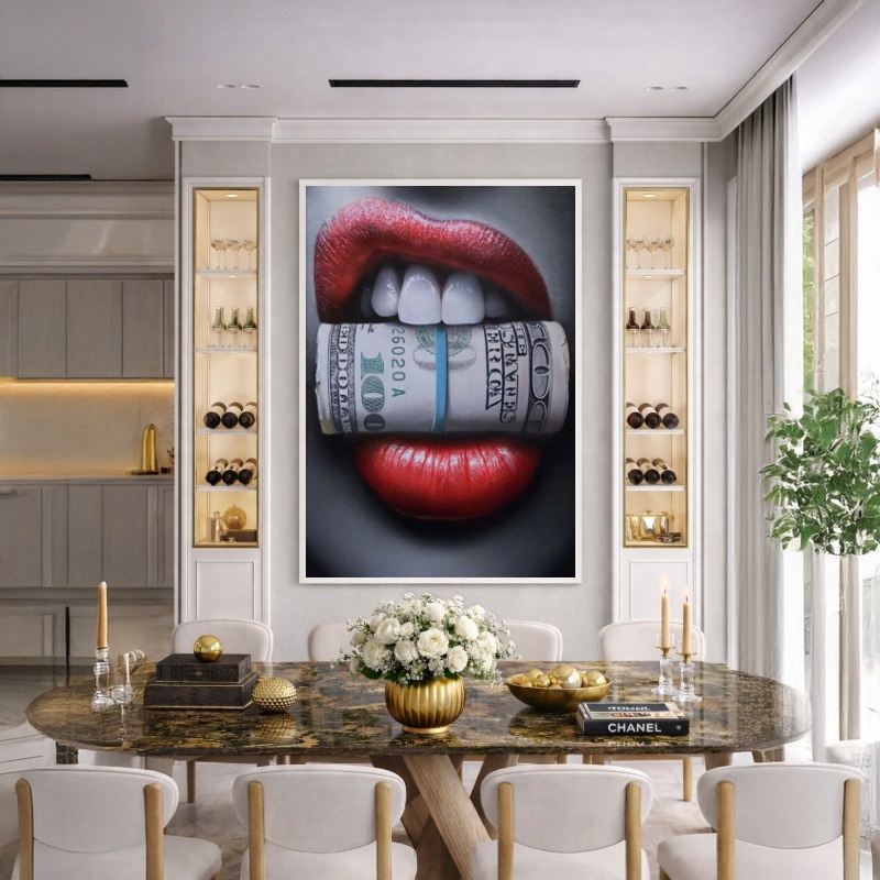 Quadro Canvas Boca Mulher Dólar Glamour