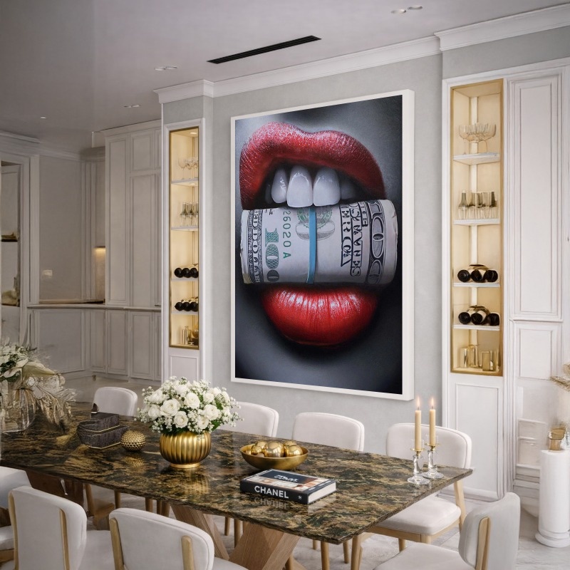 Quadro Canvas Boca Mulher Dólar Glamour