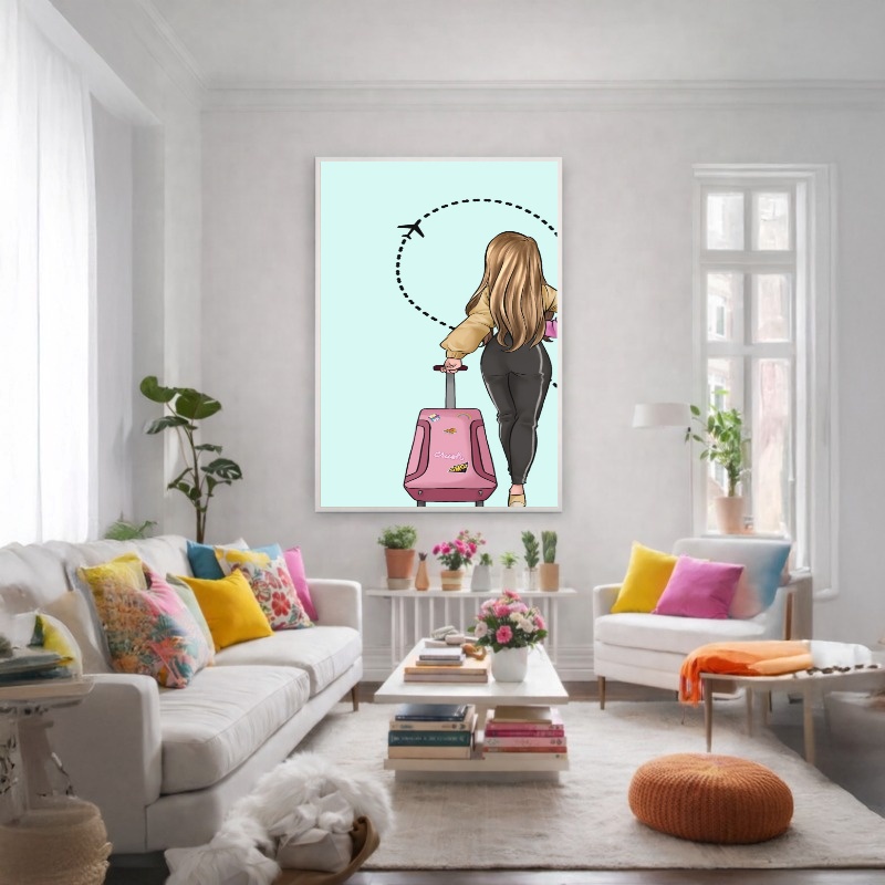 Quadro Canvas Desenho Feminino Viagem Rosa