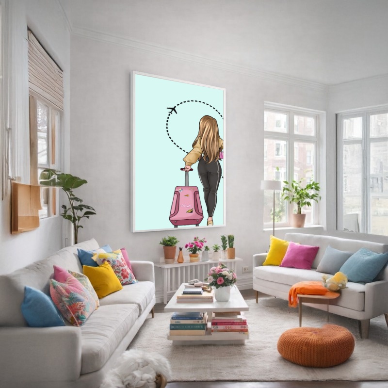 Quadro Canvas Desenho Feminino Viagem Rosa