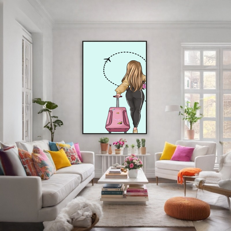 Quadro Canvas Desenho Feminino Viagem Rosa
