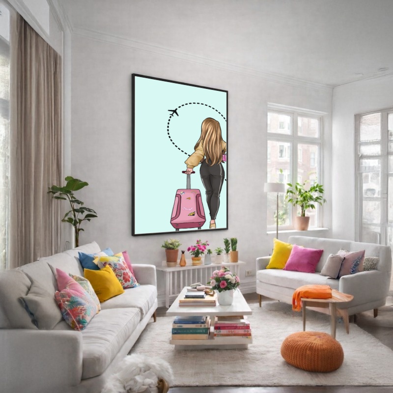 Quadro Canvas Desenho Feminino Viagem Rosa