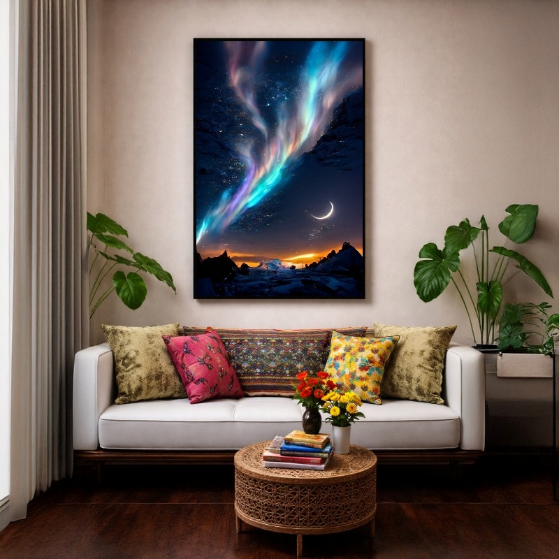 Quadro Canvas Lua e Aurora Boreal Iluminadas