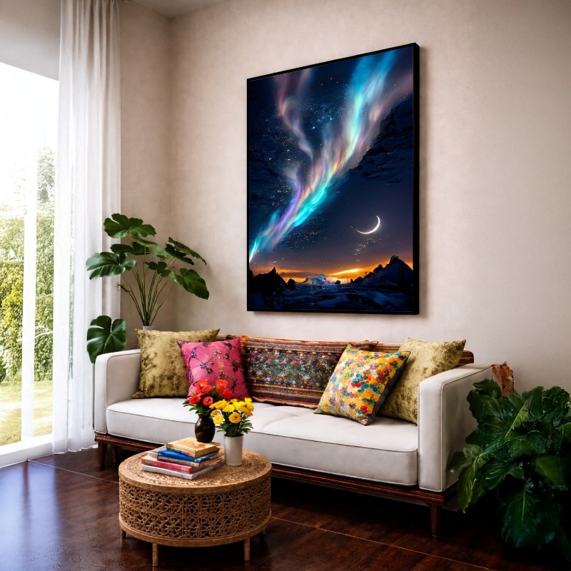 Quadro Canvas Lua e Aurora Boreal Iluminadas