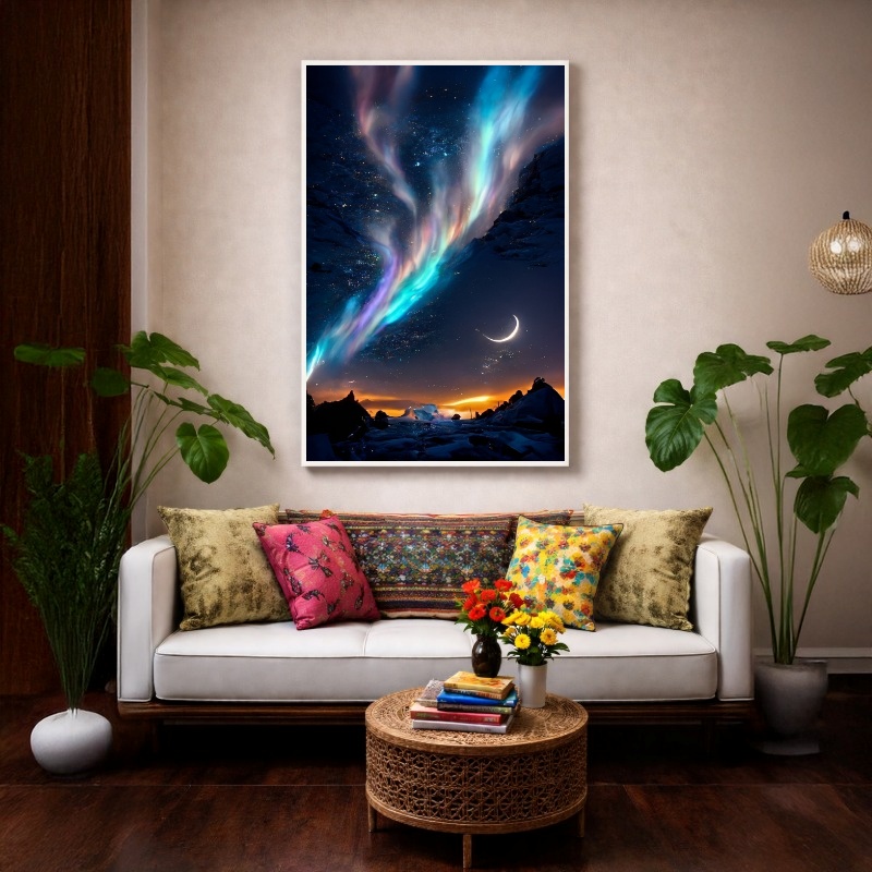 Quadro Canvas Lua e Aurora Boreal Iluminadas