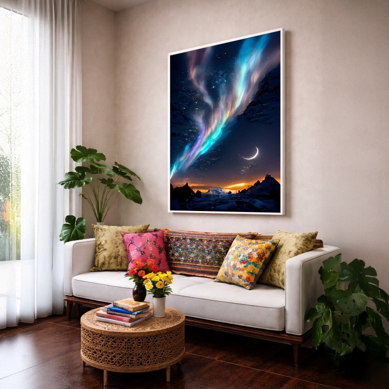 Quadro Canvas Lua e Aurora Boreal Iluminadas