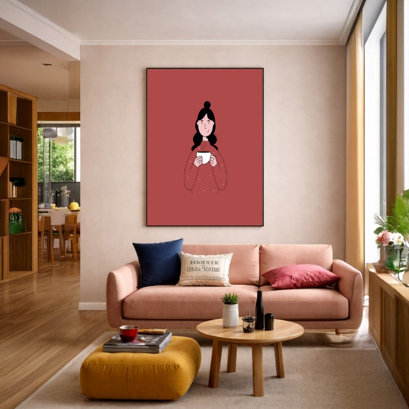 Quadro Canvas Menina Coffe Café Rosa