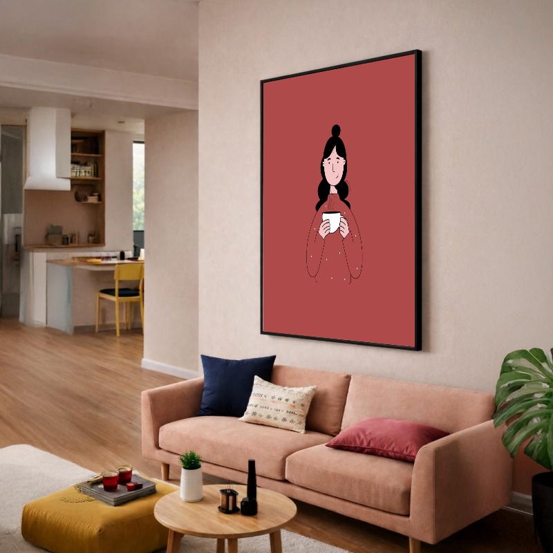 Quadro Canvas Menina Coffe Café Rosa