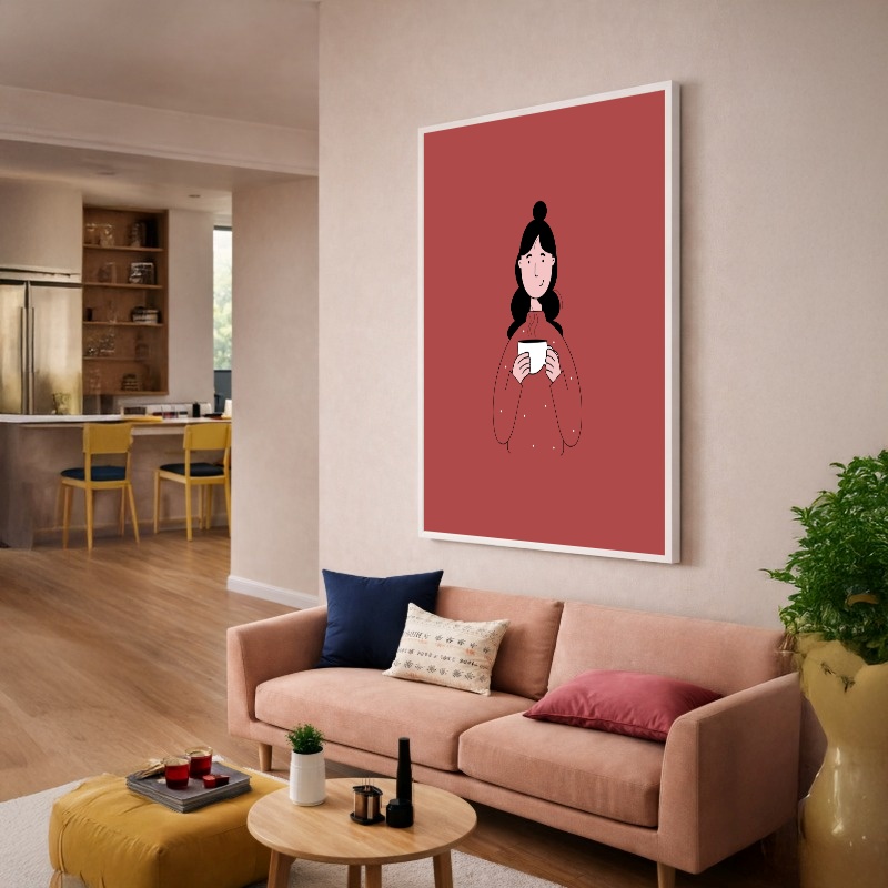 Quadro Canvas Menina Coffe Café Rosa