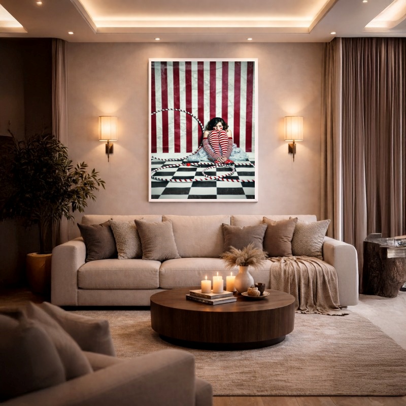 Quadro Canvas Menina Palhaço Triste Listrado