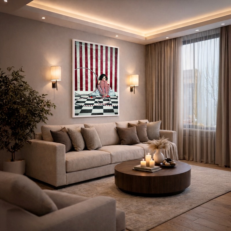 Quadro Canvas Menina Palhaço Triste Listrado