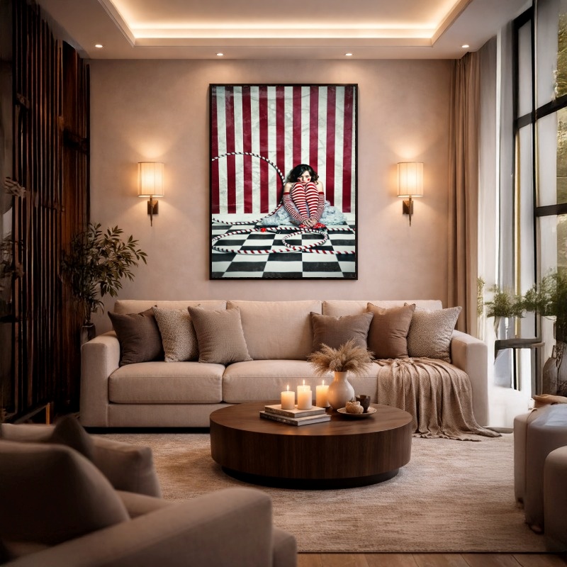 Quadro Canvas Menina Palhaço Triste Listrado