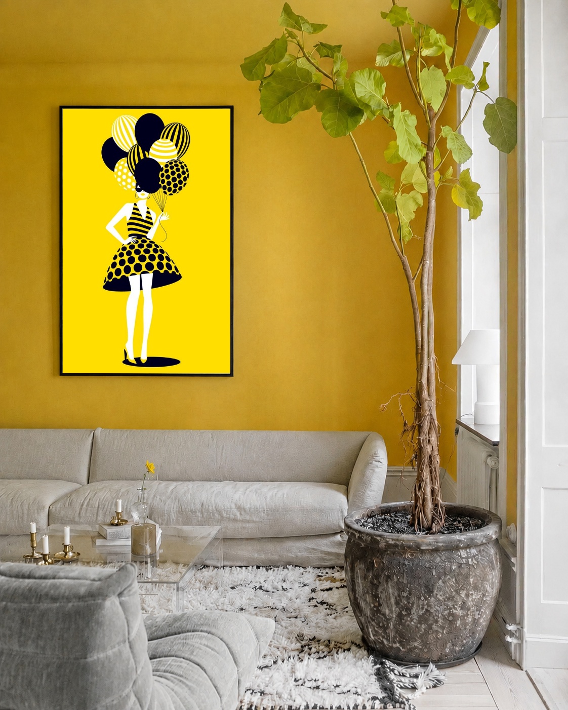 Quadro Canvas Mulher Amarelo Desenho Balões