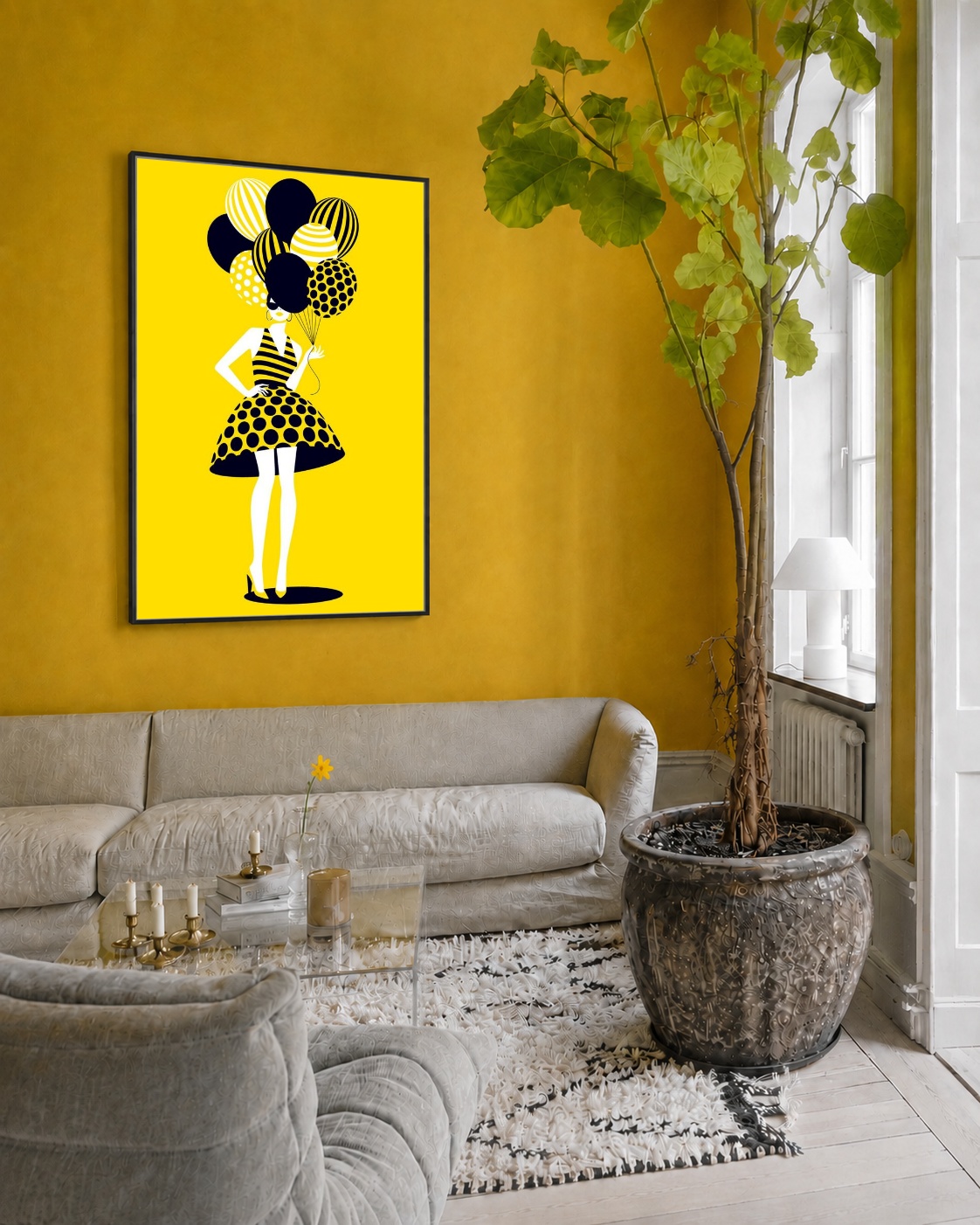 Quadro Canvas Mulher Amarelo Desenho Balões
