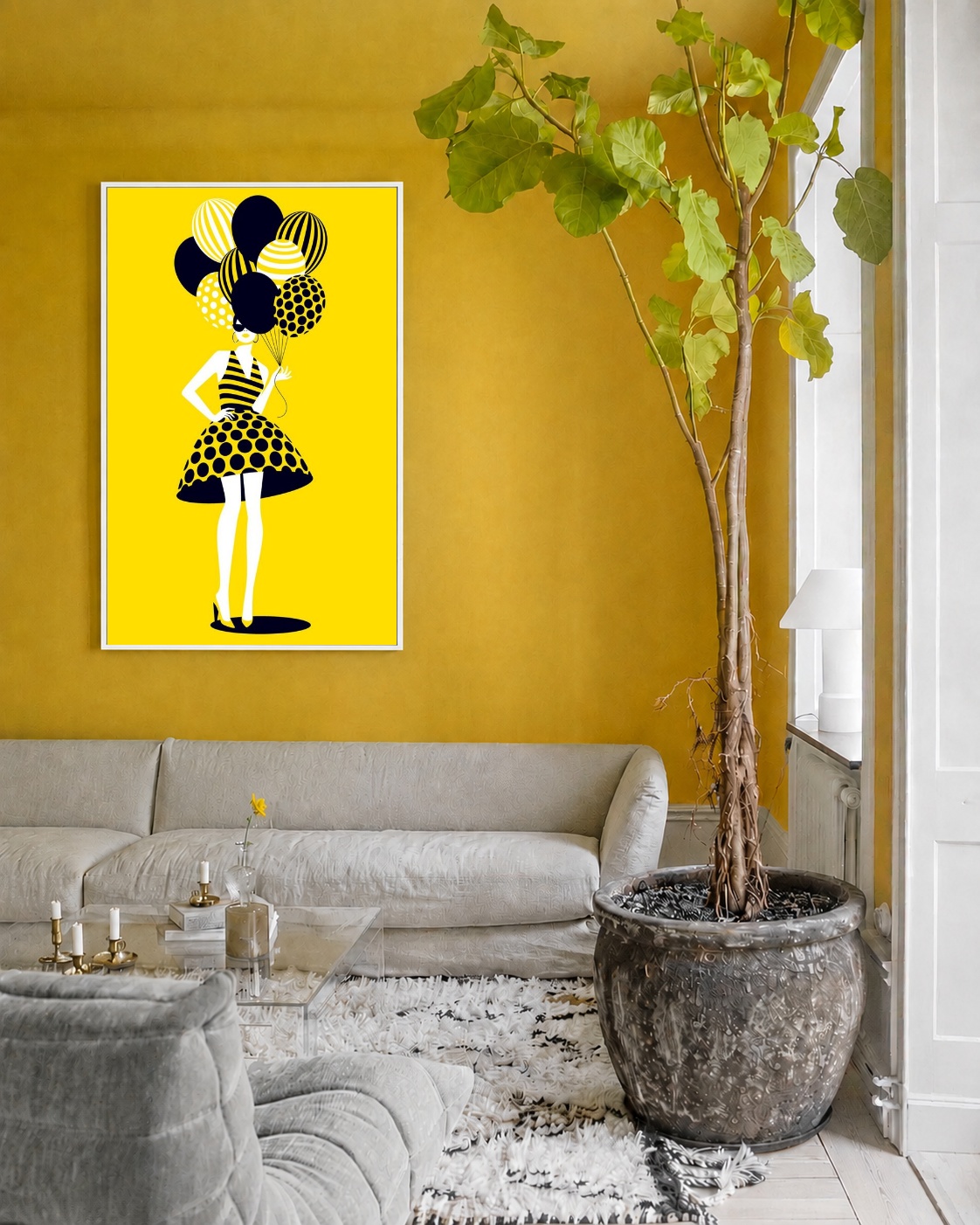 Quadro Canvas Mulher Amarelo Desenho Balões